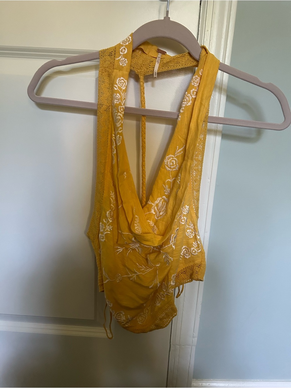 Free People Mustard Yellow Embroidered Halter Cami